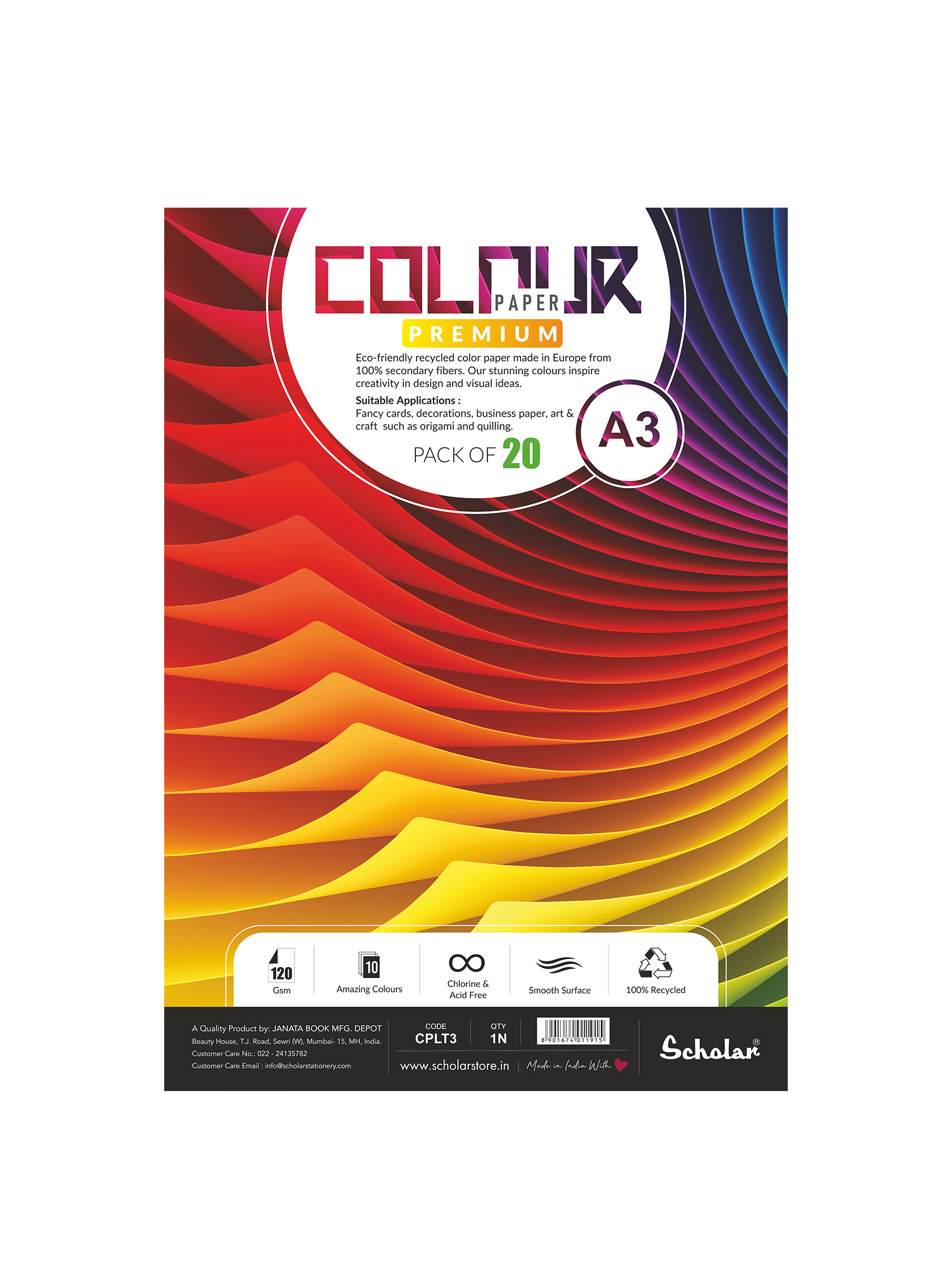 120 Gsm Colour Paper Sheets - 10 Shades (20 Sheets) (100% Recycled) (CPLT)