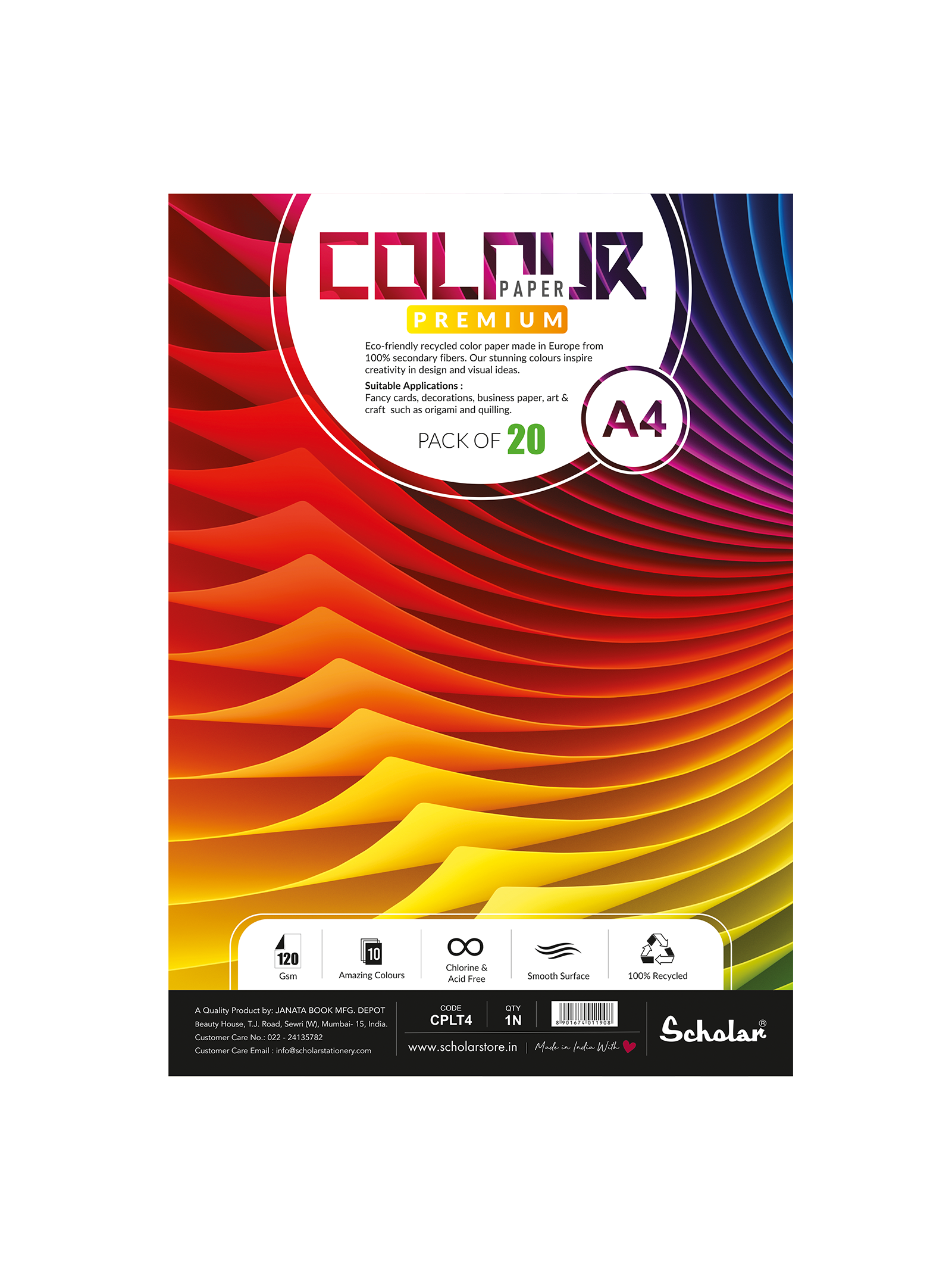 120 Gsm Colour Paper Sheets - 10 Shades (20 Sheets) (100% Recycled) (CPLT)