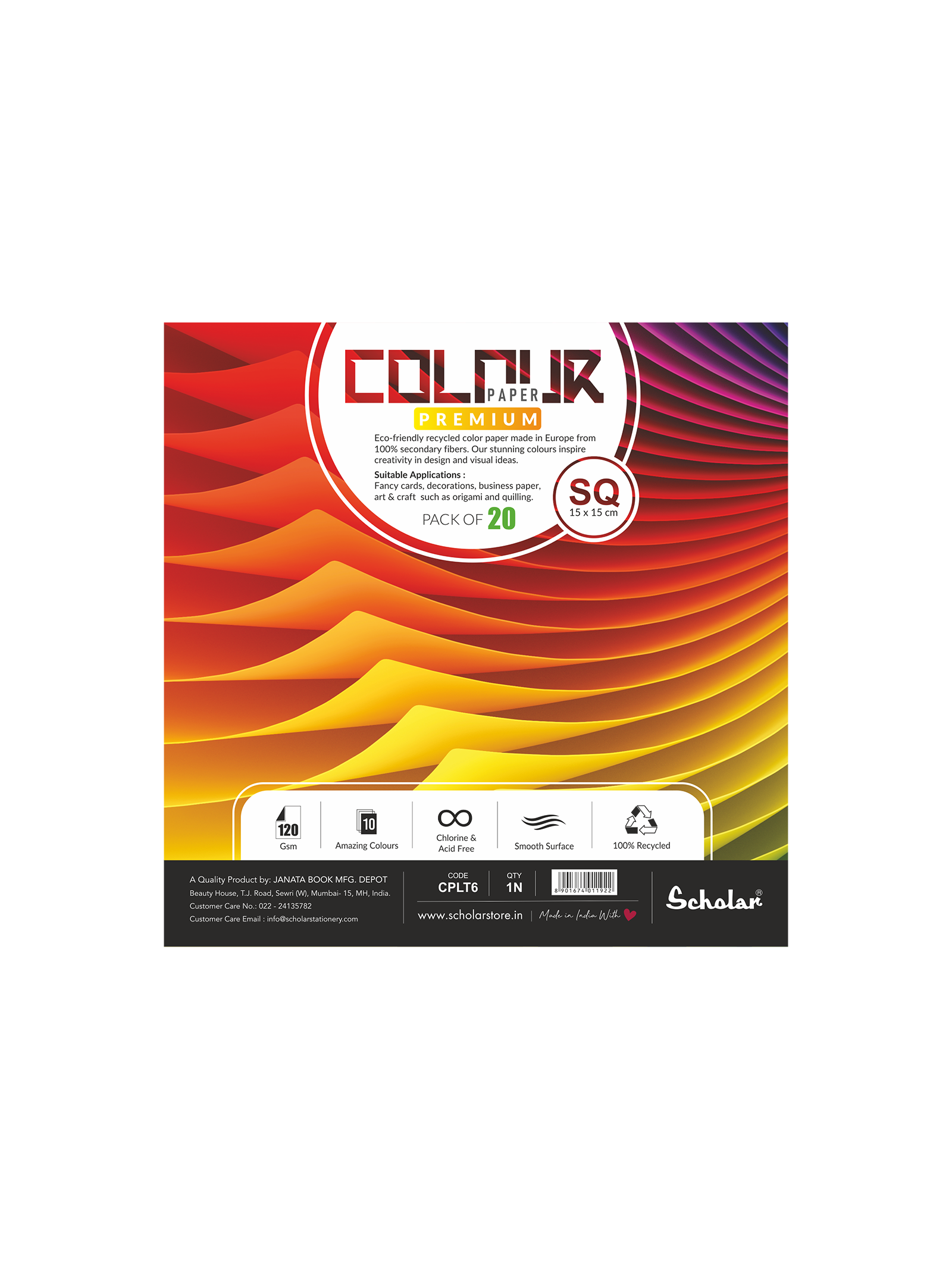120 Gsm Colour Paper Sheets - 10 Shades (20 Sheets) (100% Recycled) (CPLT)