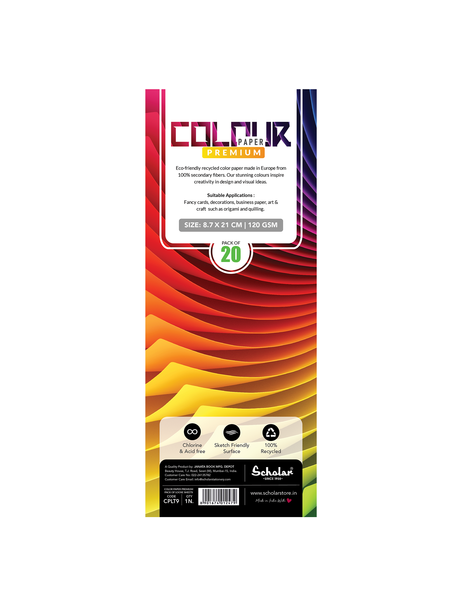 120 Gsm Colour Paper Sheets - 10 Shades (20 Sheets) (100% Recycled) (CPLT)