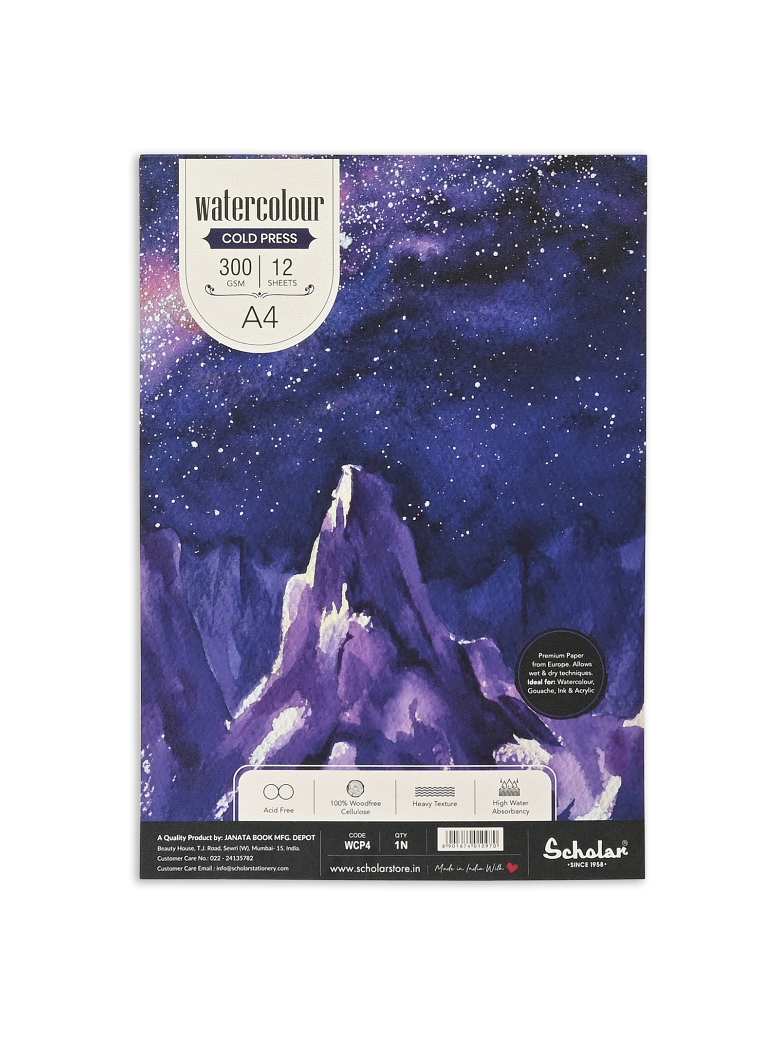 300 Gsm Watercolour Cold Pressed Paper Pads - Glue Bound (Heavy Texture) (12 Sheets) (WCP)