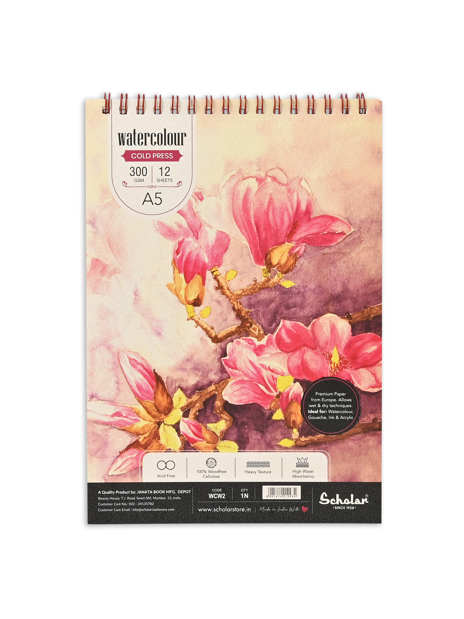 300 Gsm Watercolour Cold Pressed Paper Pads - Wire Bound (Heavy Texture) (12 Sheets) (WCW)
