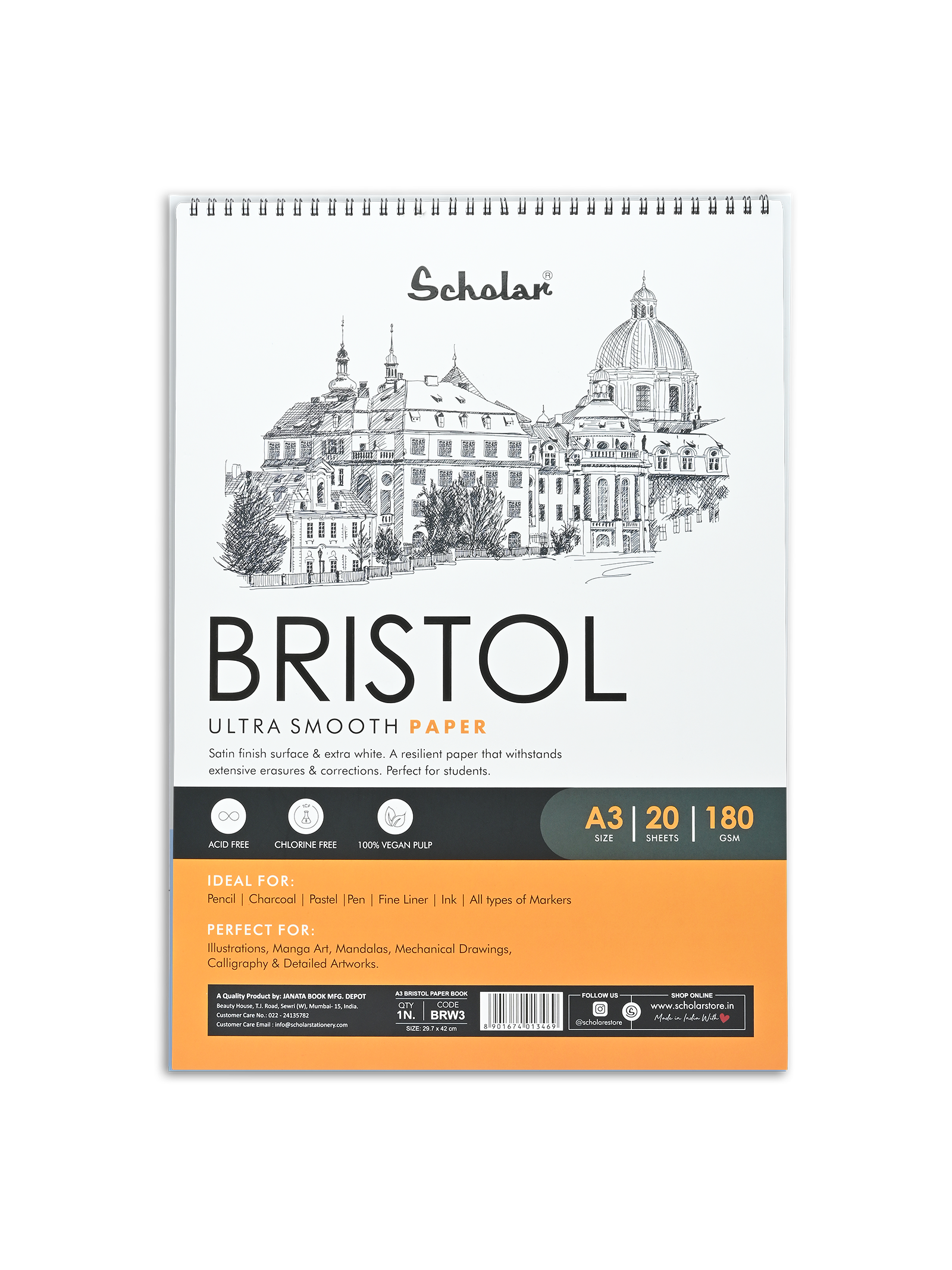 180 Gsm Bristol Paper Pad - Wire Bound (20 Sheets) (BRW)