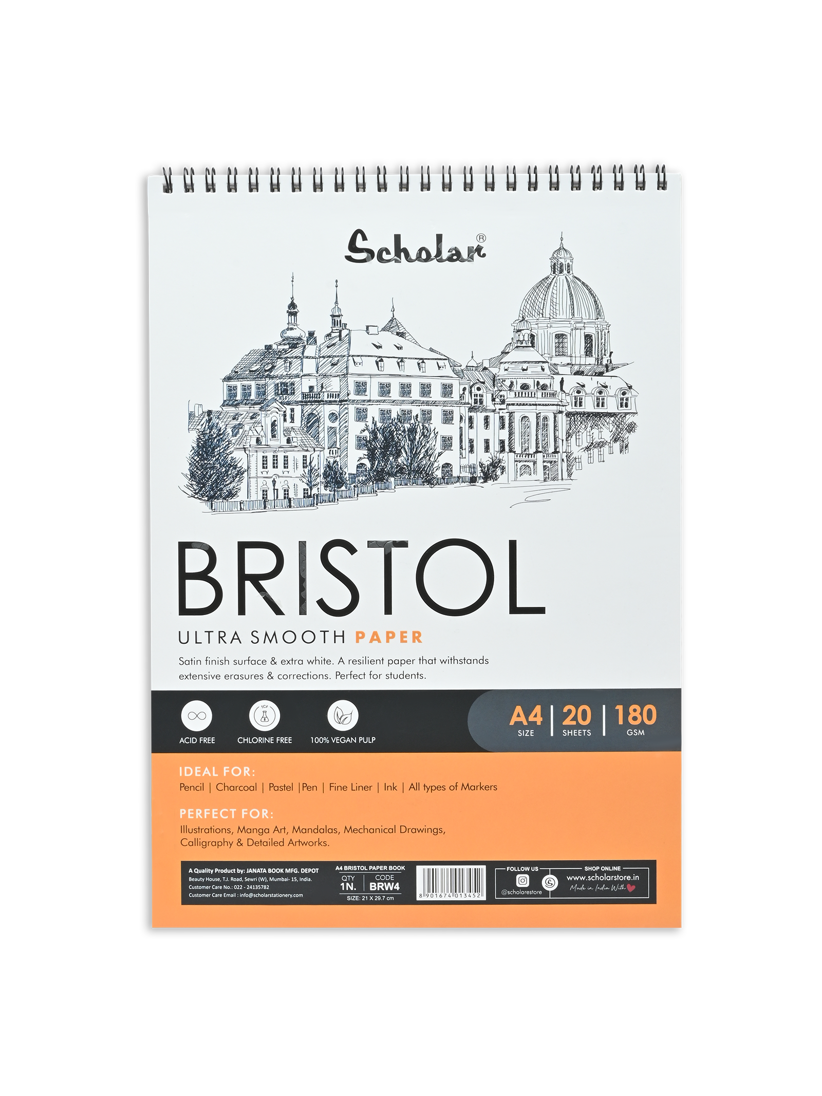 180 Gsm Bristol Paper Pad - Wire Bound (20 Sheets) (BRW)