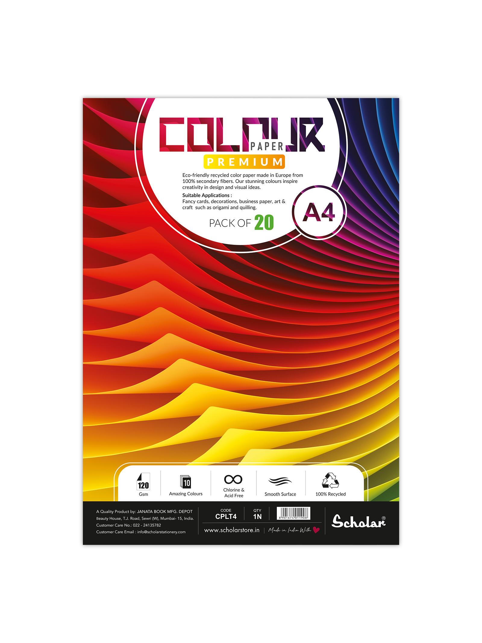 120 Gsm Colour Paper Sheets - 10 Shades (20 Sheets) (100% Recycled) (CPLT)