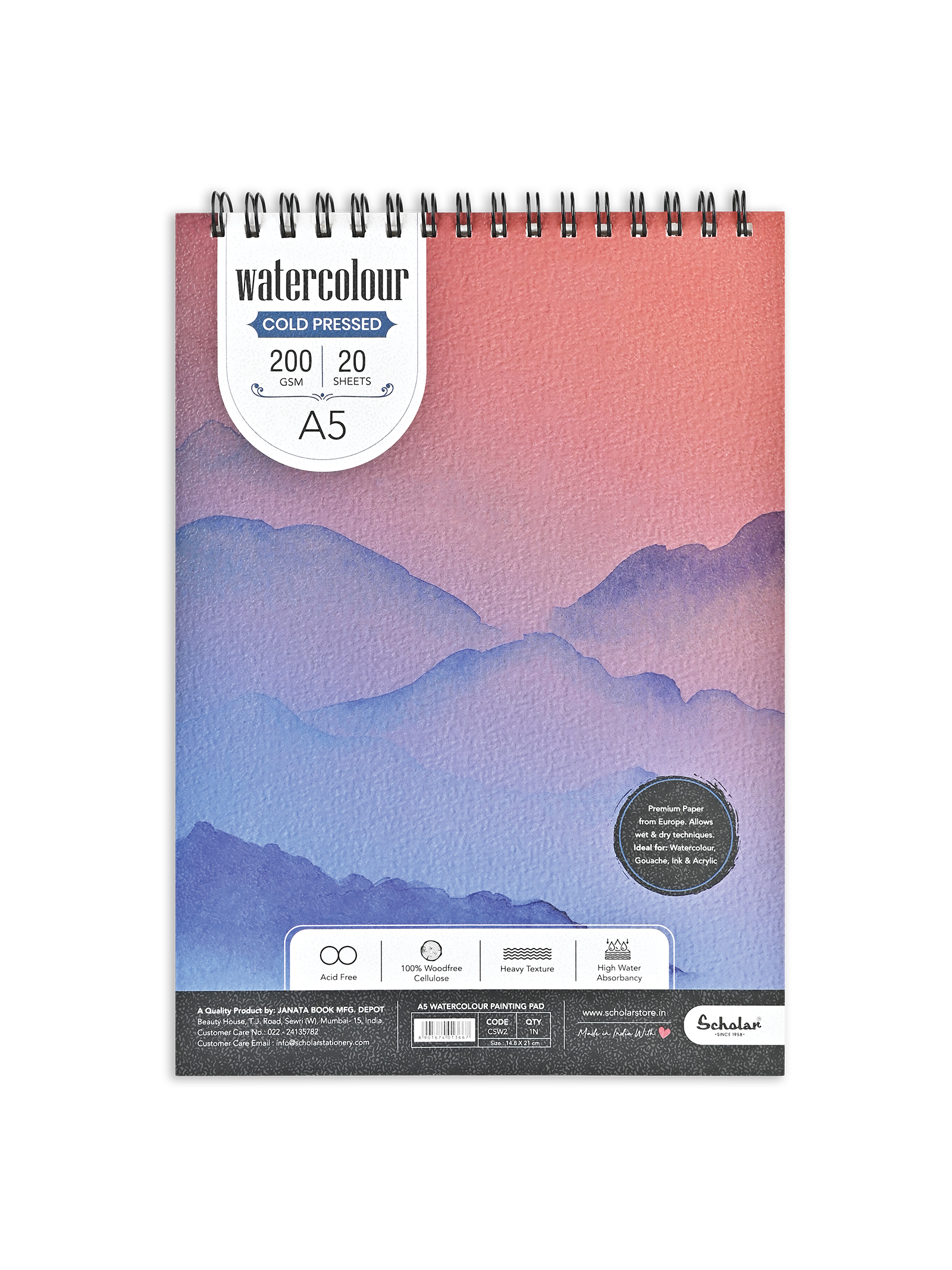 200 Gsm Watercolour Cold Pressed Paper Pads - Wire Bound (Heavy Texture) (20 Sheets) (CSW)
