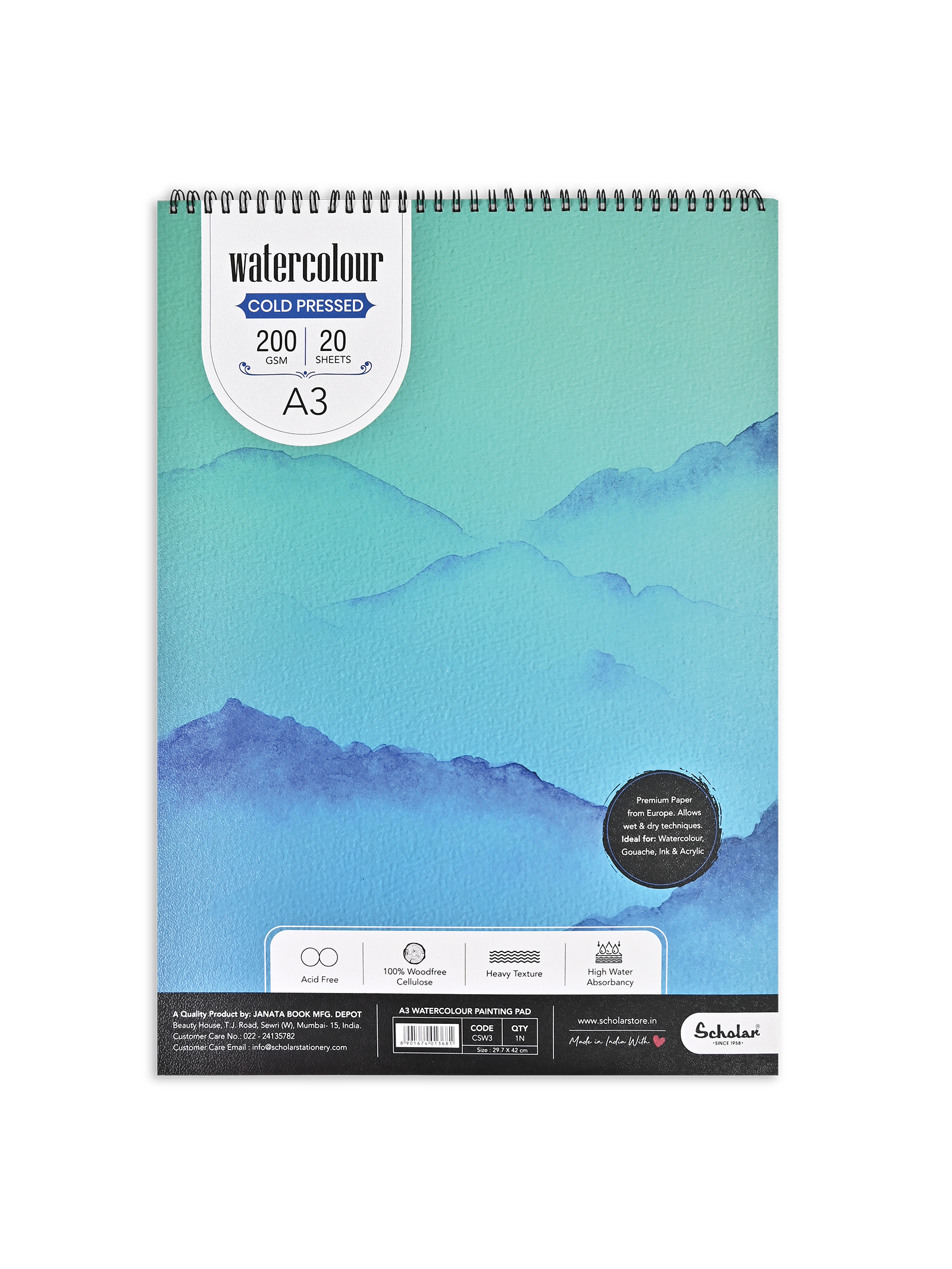 200 Gsm Watercolour Cold Pressed Paper Pads - Wire Bound (Heavy Texture) (20 Sheets) (CSW)