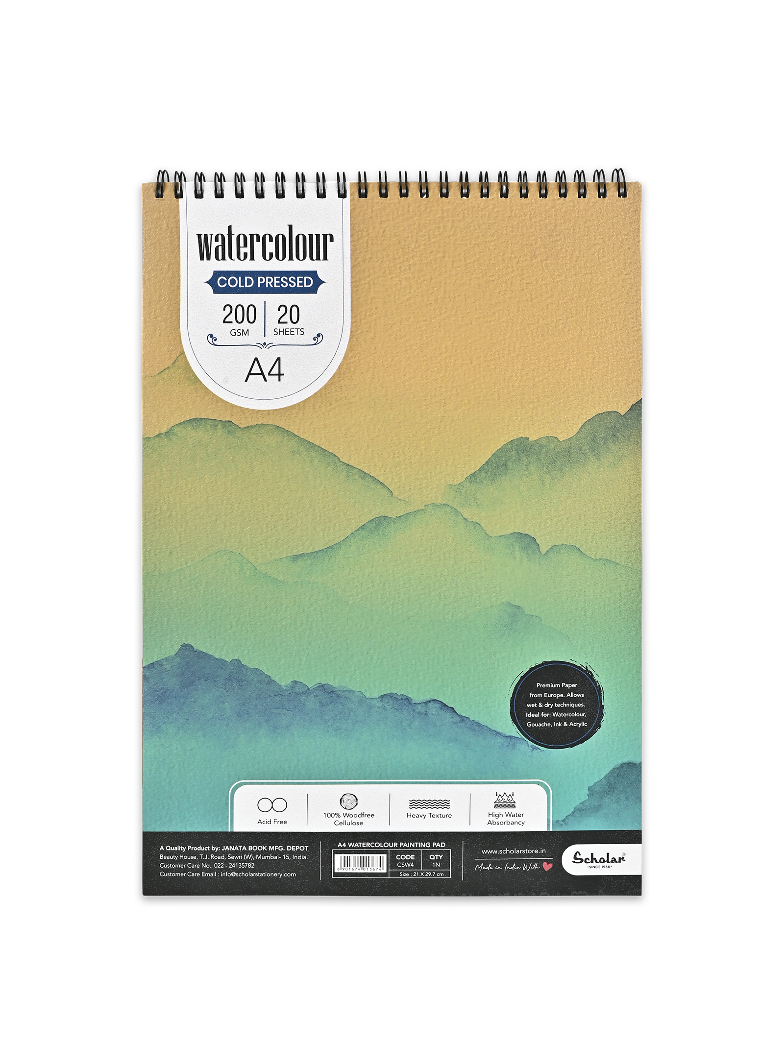 200 Gsm Watercolour Cold Pressed Paper Pads - Wire Bound (Heavy Texture) (20 Sheets) (CSW)