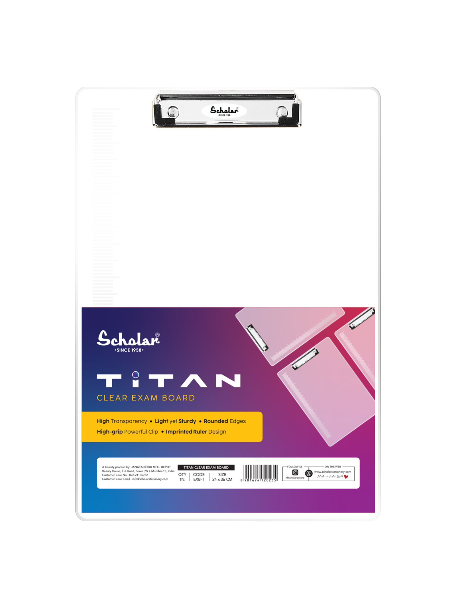 Scholar Exam Board Crystal Clear With Clip also and High Grip Imprinted Ruler Design | Size - 24 cm x 36 cm | Pack of 2 (EXB)