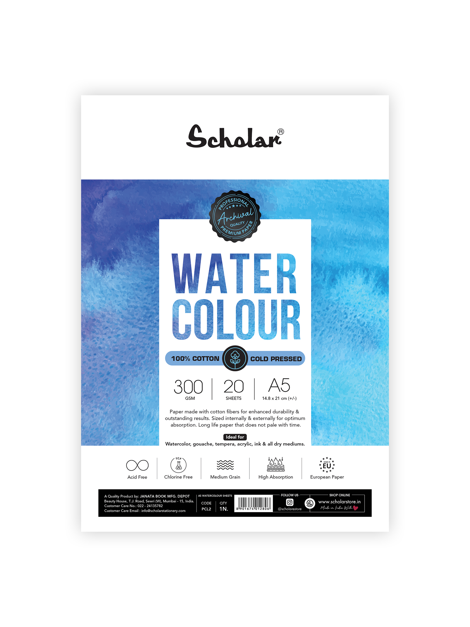 300 Gsm Watercolour Paper - 100% Cotton Loose Sheets (Cold Pressed) (PCL)
