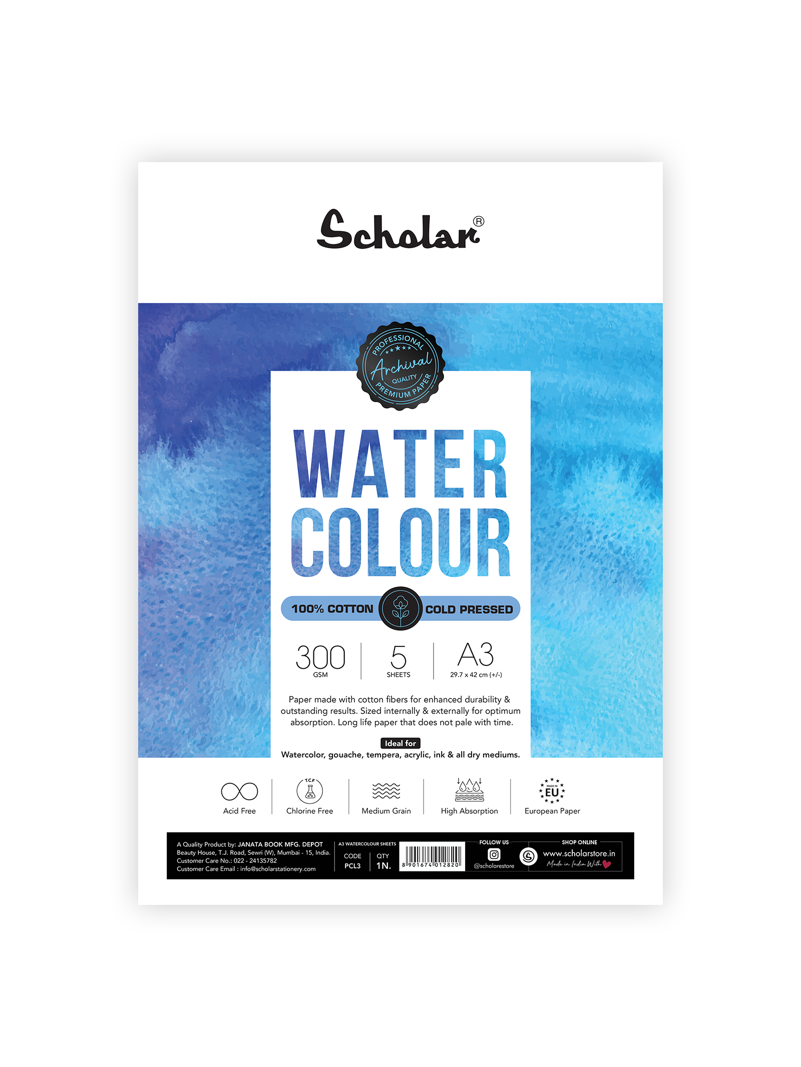 300 Gsm Watercolour Paper - 100% Cotton Loose Sheets (Cold Pressed) (PCL)