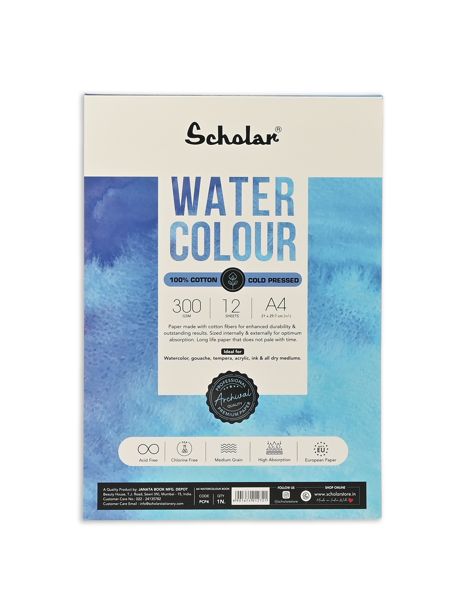 300 Gsm Watercolour Paper Pad - 100% Cotton (Cold Pressed) (12 Sheets) (PCP)