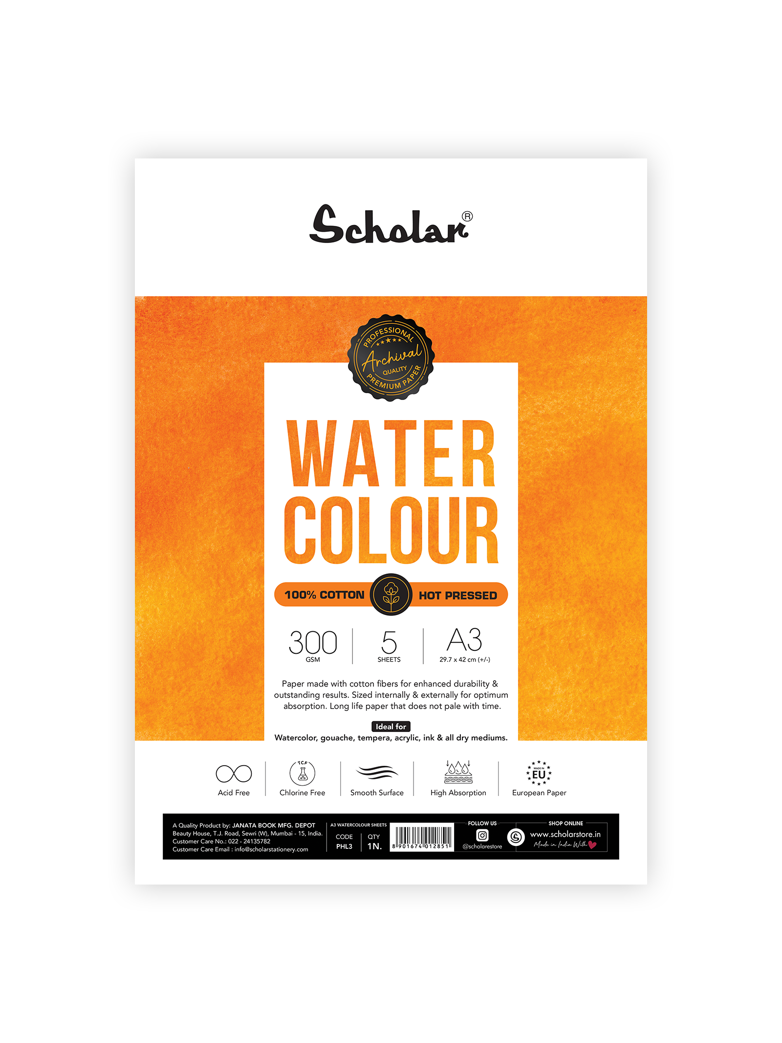 300 Gsm Watercolour Paper - 100% Cotton Loose Sheets (Hot Pressed) (PHL)