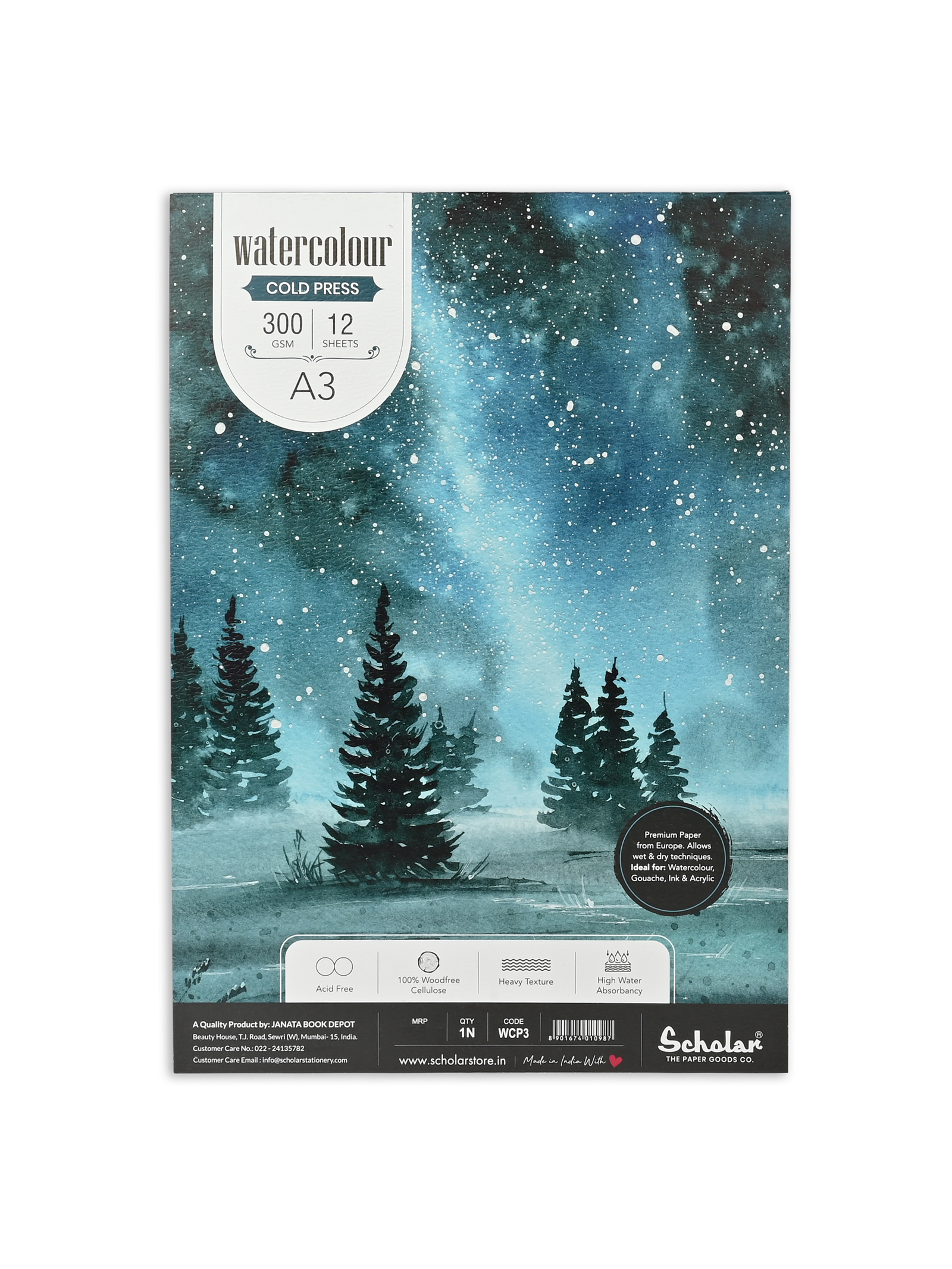 300 Gsm Watercolour Cold Pressed Paper Pads - Glue Bound (Heavy Texture) (12 Sheets) (WCP)