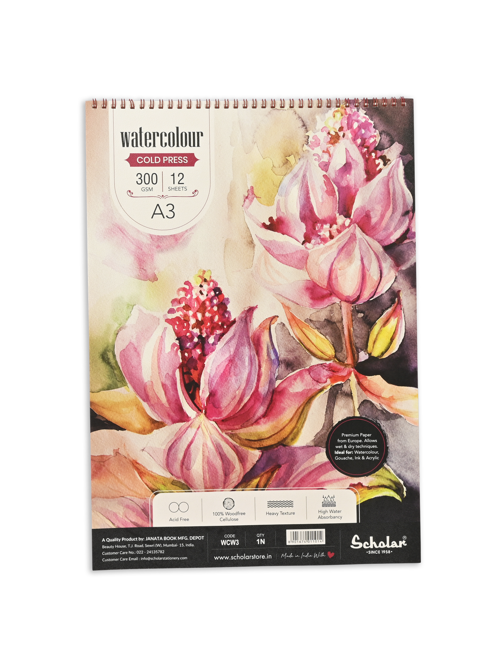 300 Gsm Watercolour Cold Pressed Paper Pads - Wire Bound (Heavy Texture) (12 Sheets) (WCW)