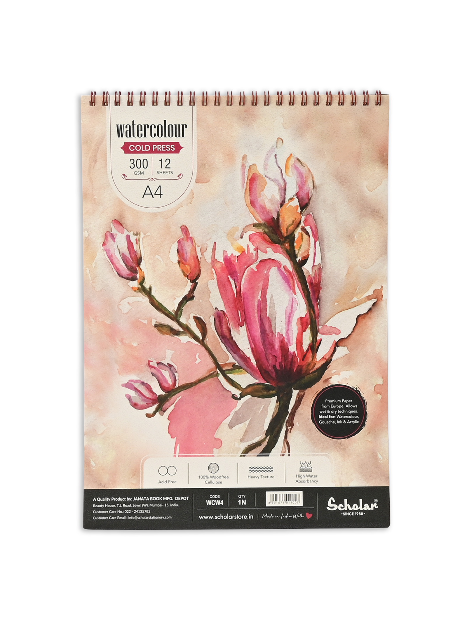 300 Gsm Watercolour Cold Pressed Paper Pads - Wire Bound (Heavy Texture) (12 Sheets) (WCW)