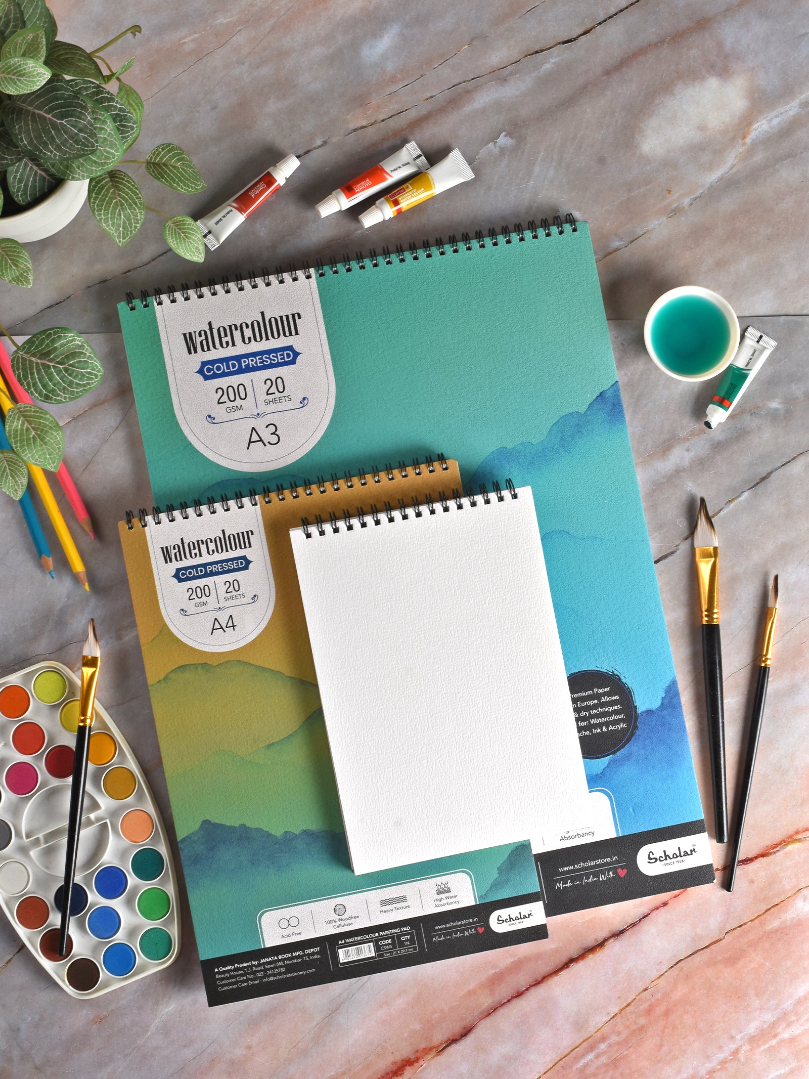 200 Gsm Watercolour Cold Pressed Paper Pads - Wire Bound (Heavy Texture) (20 Sheets) (CSW)