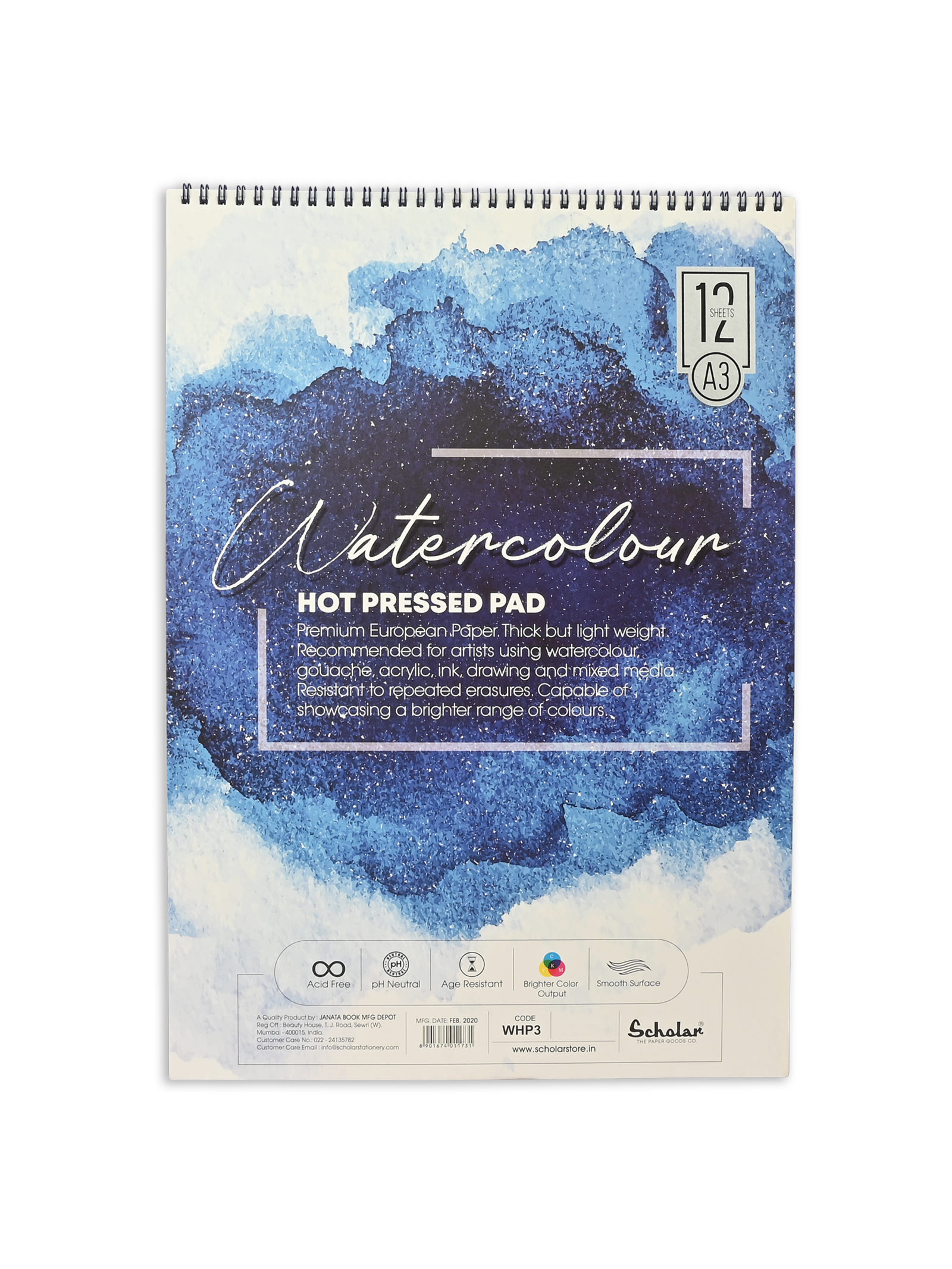 300 Gsm Watercolour Hot Pressed Paper Pads - Wire Bound (Smooth Surface) (12 Sheets) (WHP)